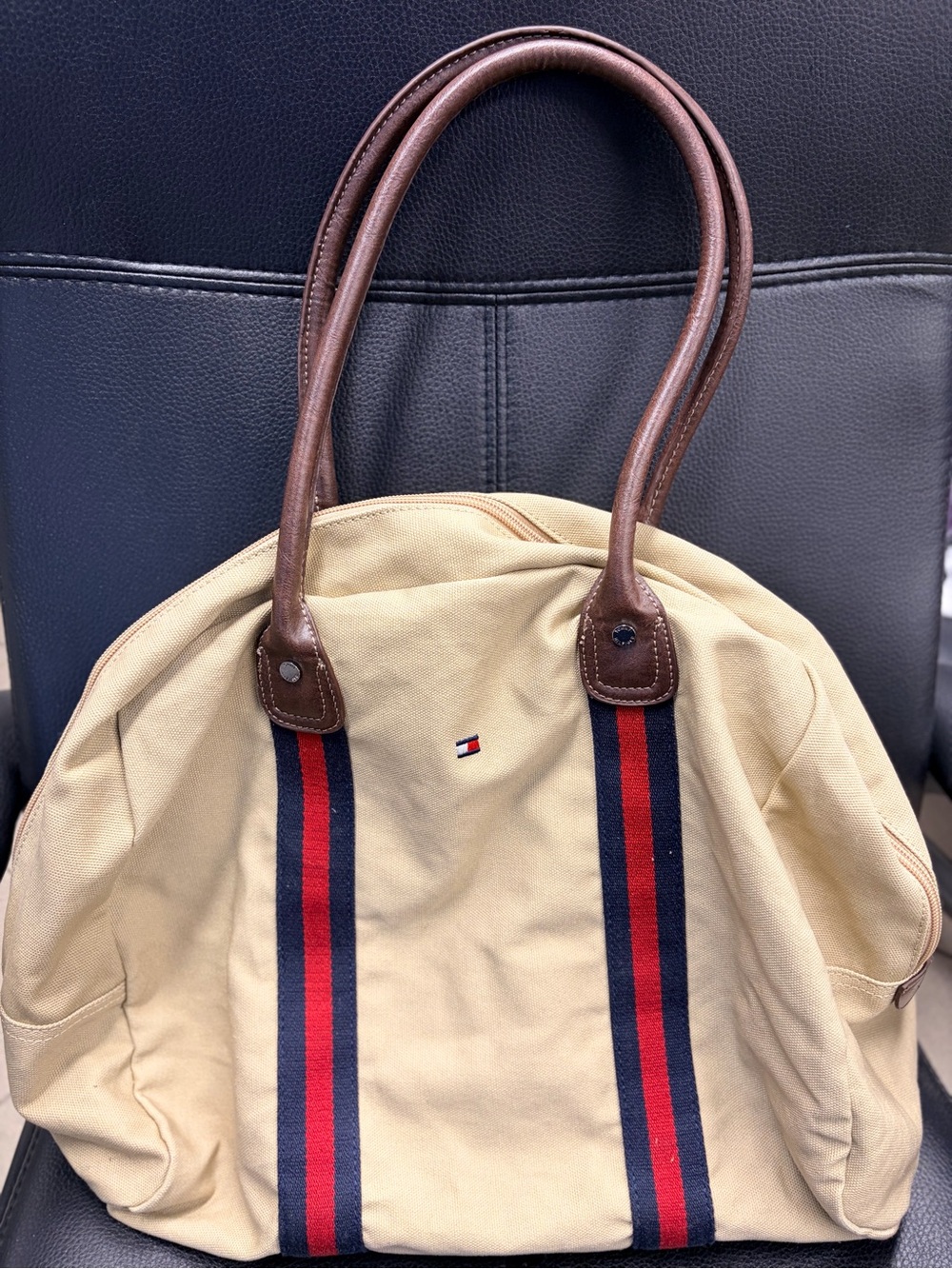 Tommy Hilfiger Beige Canvas Weekender Tote Bag with Leather Handles